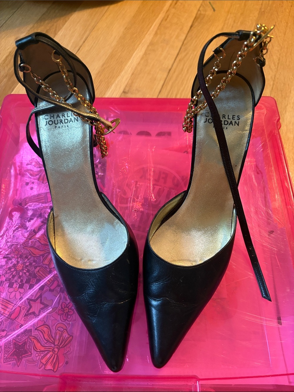 Charles Jourdan Black Pointed Leather Ankle-Strap Heels with Gold Chain Accent